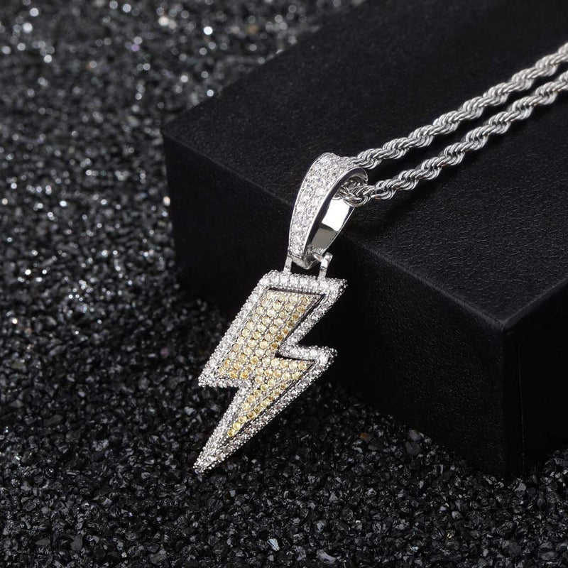 JINAO Hip Hop Lightning Bolt Design Pendant 18k Gold Plated Iced Out Cubic Zirconia Pendant Necklace with Micropave Simulated Diamond for Men Women (White Gold) - Image 3